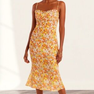 AQUA Ditsy Floral Print Trumpet Midi Dress